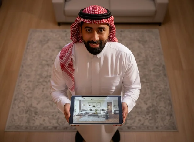 رجل سعودي يحمل جهاز لوحي يعرض تصميم داخلي