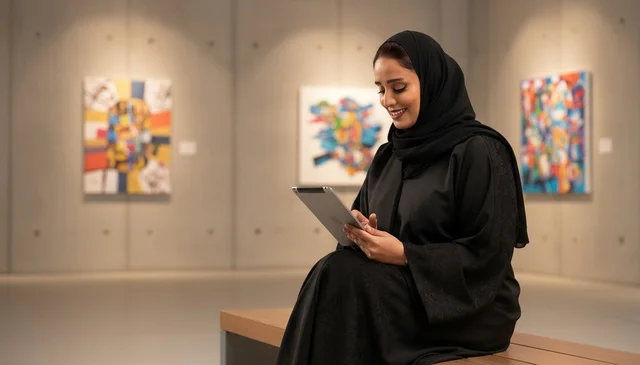 Saudi Woman in Black Abaya Using Tablet in Art Gallery