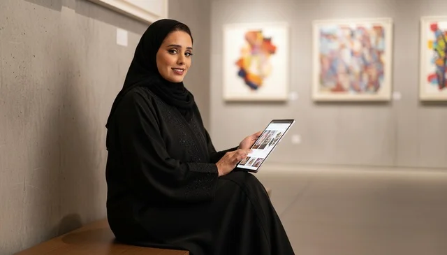 Saudi Woman in Abaya Using Tablet in Art Gallery