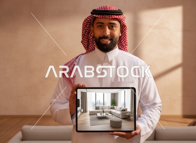 رجل سعودي يمسك جهاز لوحي يعرض تصميماً داخلياً حديثاً