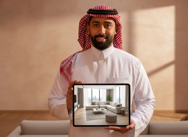 رجل سعودي يمسك جهاز لوحي يعرض تصميماً داخلياً حديثاً