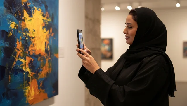 Saudi Woman Taking Photo of Abstract Art in Gallery