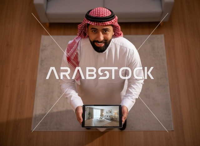 رجل سعودي يمسك جهاز لوحي يعرض تصميماً داخلياً