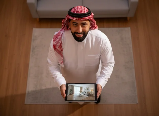 Saudi Man Holding Tablet Showing Interior Design