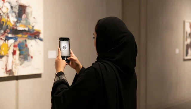 امرأة سعودية تصور لوحة في معرض فني