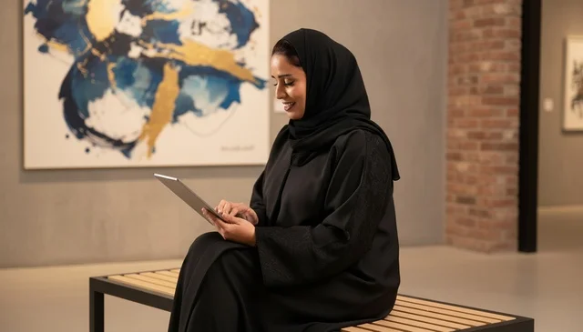 امرأة إماراتية تستخدم جهاز لوحي في معرض فني