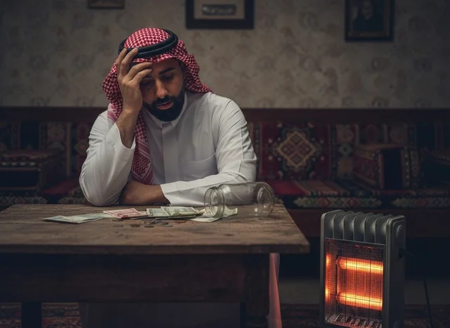 رجل سعودي مع نقود ومدفأة كهربائية في الداخل