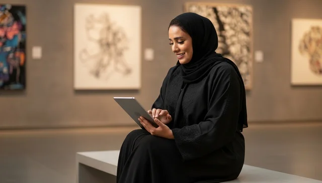 Emirati Woman Using Tablet in Modern Art Gallery