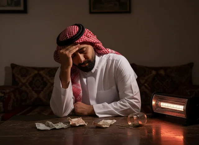 Saudi Man in Thobe Facing Financial Stress Indoors