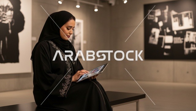 امرأة إماراتية تستخدم الجهاز اللوحي في معرض فني