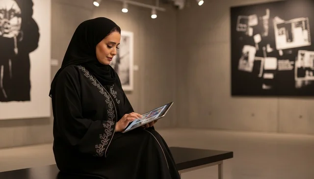 امرأة إماراتية تستخدم الجهاز اللوحي في معرض فني