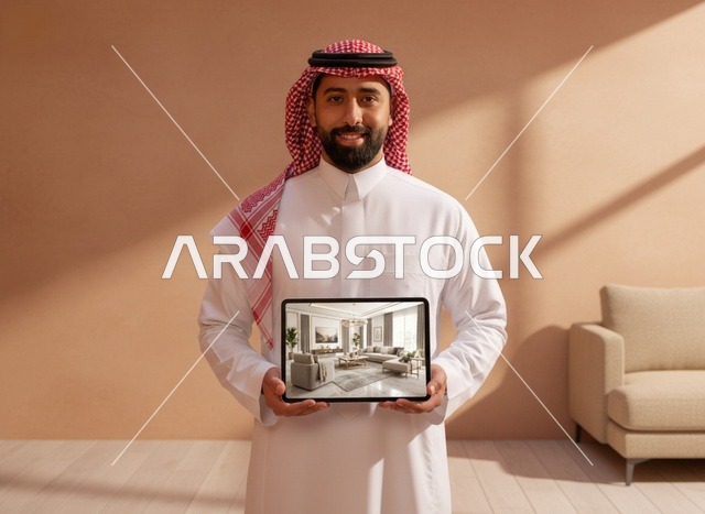 رجل سعودي يحمل جهازاً لوحياً بتصميم داخلي