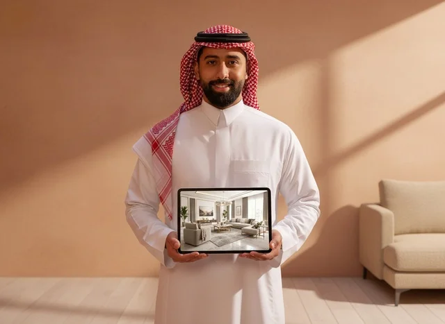رجل سعودي يحمل جهازاً لوحياً بتصميم داخلي