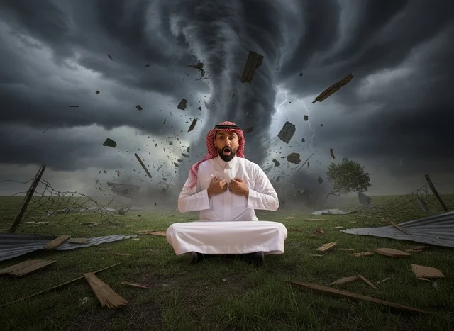 رجل سعودي بالزي التقليدي يواجه إعصاراً وعاصفة مدمرة