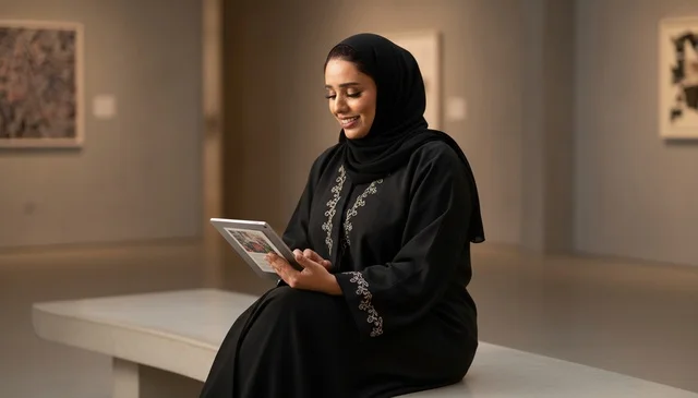 Khaleeji Woman Using Tablet in Art Gallery Museum