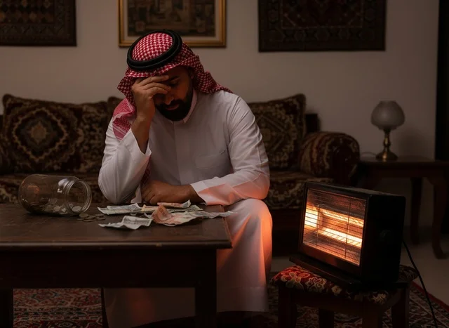 رجل سعودي يعاني من ضائقة مالية مع نقود ومدفأة