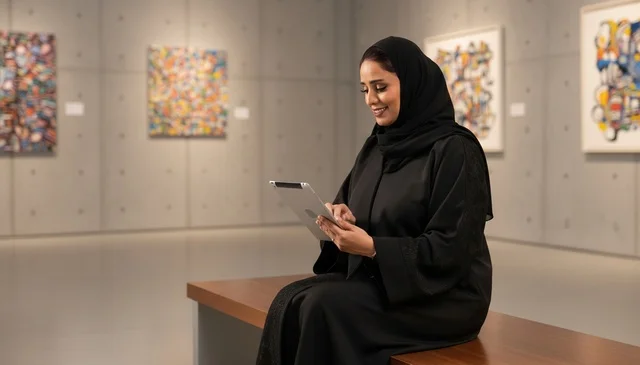 امرأة سعودية بالعباءة تستخدم جهاز لوحي في معرض فني