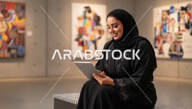 امرأة سعودية تستخدم جهاز لوحي في معرض فني