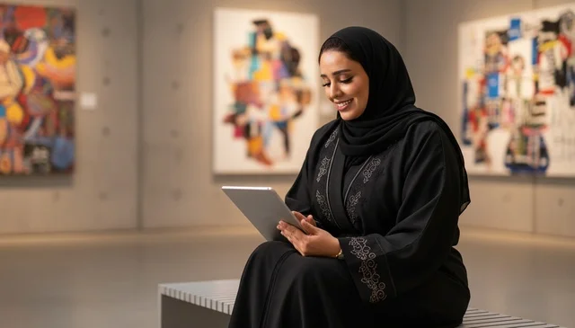Saudi Woman Using Tablet in Art Gallery