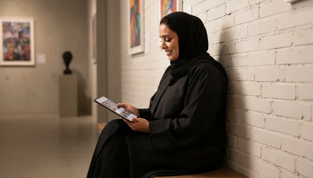 Saudi Woman in Black Abaya Using Tablet in Art Gallery Saudi Woman in Black Abaya Using Tablet in Art Gallery