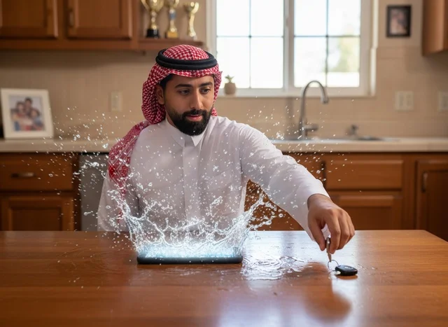 Saudi Man in Traditional Thobe with Tablet Water Splash