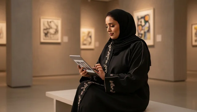 Emirati Woman Using Digital Tablet in Modern Art Gallery
