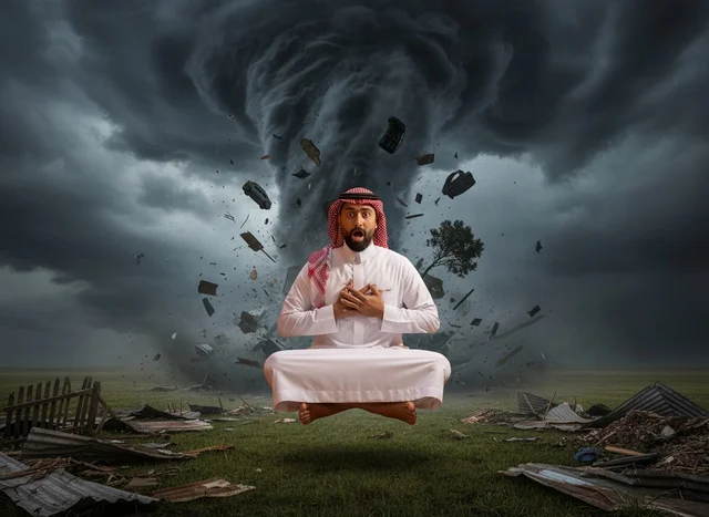 Saudi Man Floating in Tornado Storm with Debris