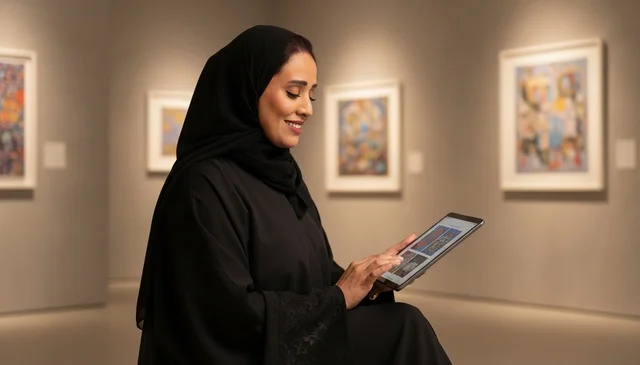 امرأة سعودية بالعباءة تستخدم جهاز لوحي في معرض فني