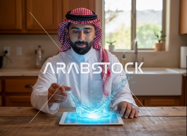Saudi Man Using Tablet with Digital Water Splash