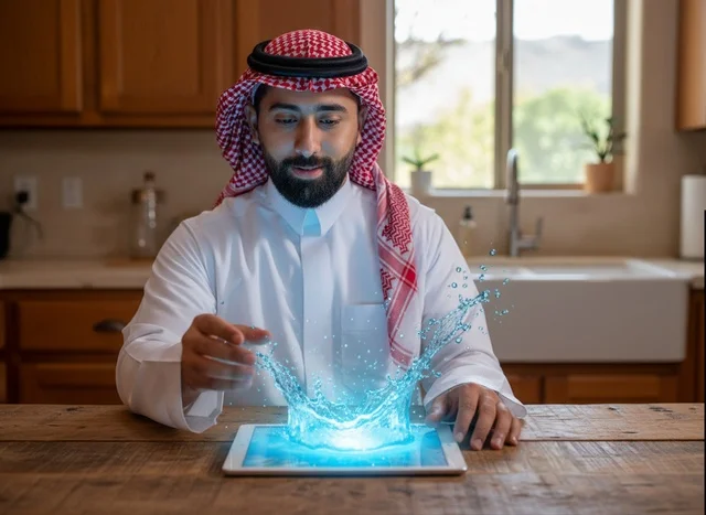 Saudi Man Using Tablet with Digital Water Splash