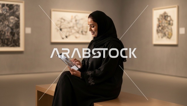 امرأة سعودية تستخدم جهازاً لوحياً في معرض فني