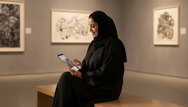 امرأة سعودية تستخدم جهازاً لوحياً في معرض فني