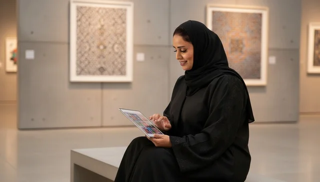 Saudi Woman Using Tablet in Art Gallery