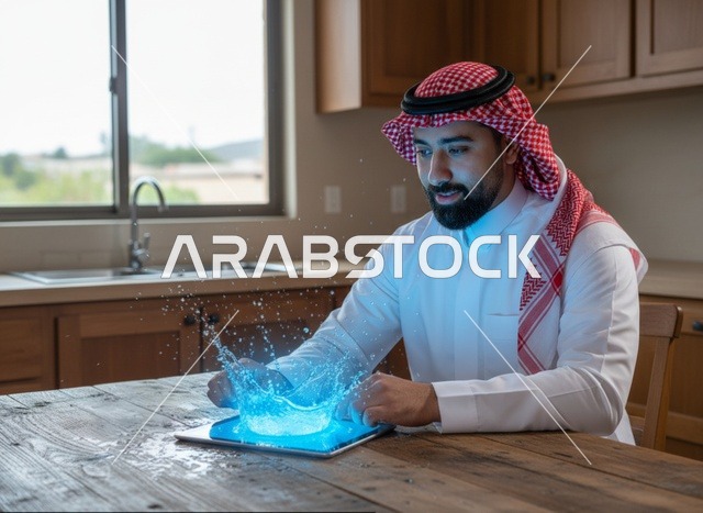رجل سعودي يستخدم جهاز لوحي بتقنية الهولوغرام