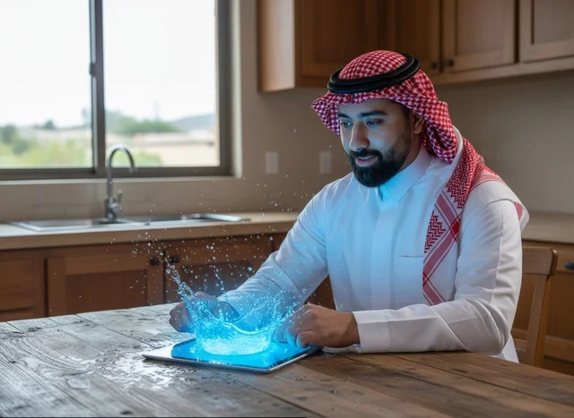Saudi Man with Tablet Holographic Water Splash