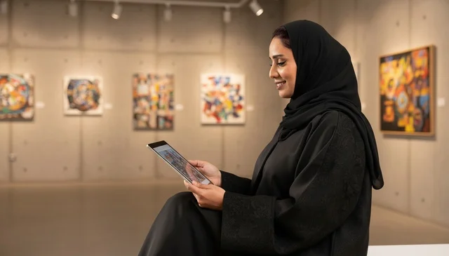 Saudi Woman with Tablet in Art Gallery Exhibition