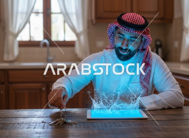 رجل سعودي يحمل مفاتيح منزل ويستخدم جهاز لوحي ذكي