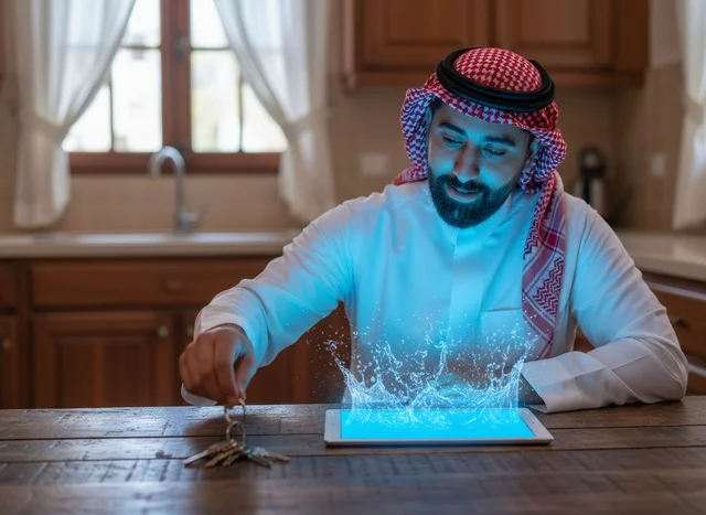 رجل سعودي يحمل مفاتيح منزل ويستخدم جهاز لوحي ذكي