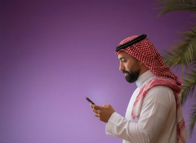 رجل سعودي بالثوب التقليدي يستخدم الهاتف الذكي