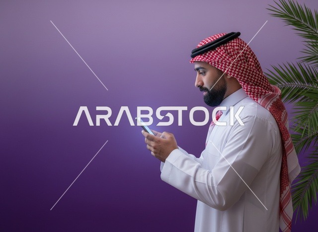 رجل سعودي يستخدم الهاتف الذكي بخلفية بنفسجية
