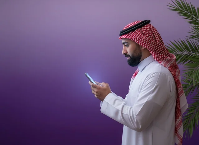 رجل سعودي يستخدم الهاتف الذكي بخلفية بنفسجية