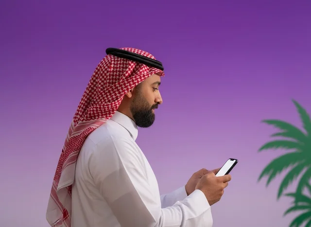 Saudi Man Using Smartphone on Purple Background