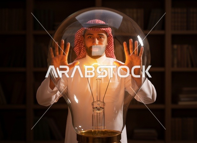 Saudi Man with Glowing Light Bulb in Library