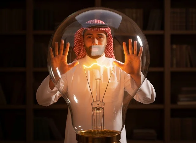 Saudi Man with Glowing Light Bulb in Library