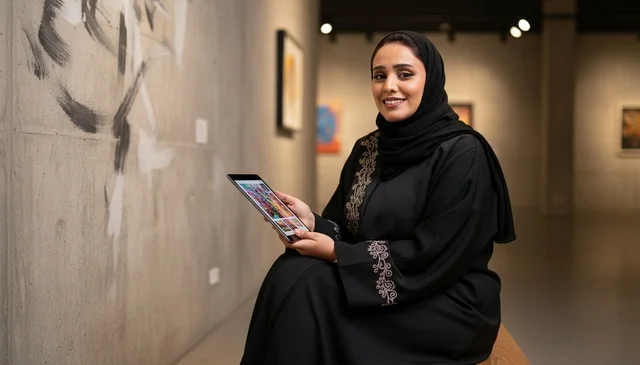 Saudi Woman in Abaya with Tablet at Art Gallery