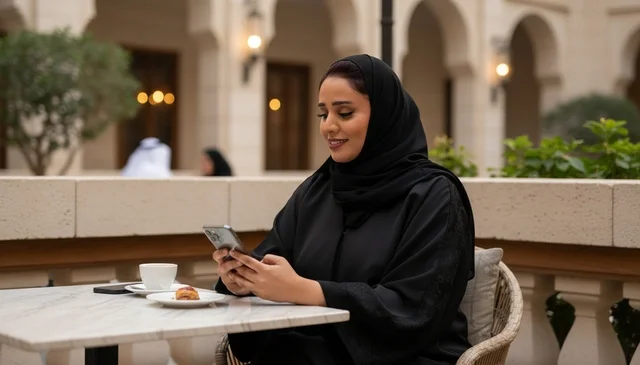 امرأة إماراتية بالعباءة السوداء تستخدم الهاتف في مقهى