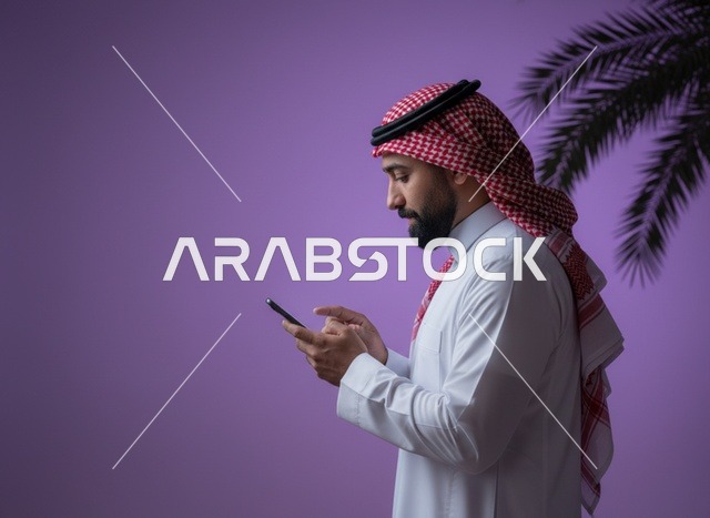 Saudi Man Using Smartphone on Purple Background