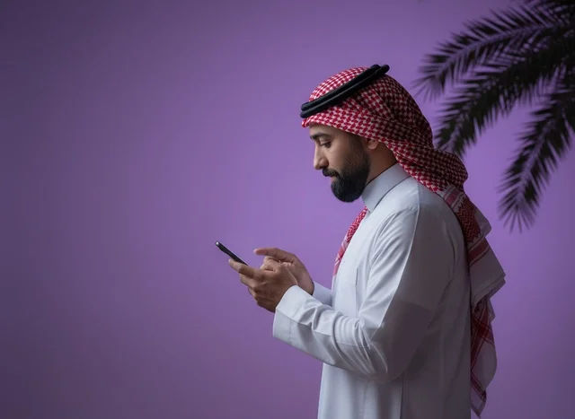 Saudi Man Using Smartphone on Purple Background Saudi Man Using Smartphone on Purple Background