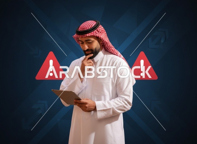 رجل سعودي يستخدم الجهاز اللوحي مع أيقونات تحذير
