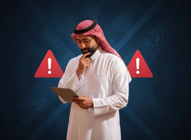 رجل سعودي يستخدم الجهاز اللوحي مع أيقونات تحذير